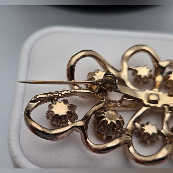 Coro Feather Brooch Vintage Art Deco Era Pin Gold Tone Amber Stones - Picture 5 of 9